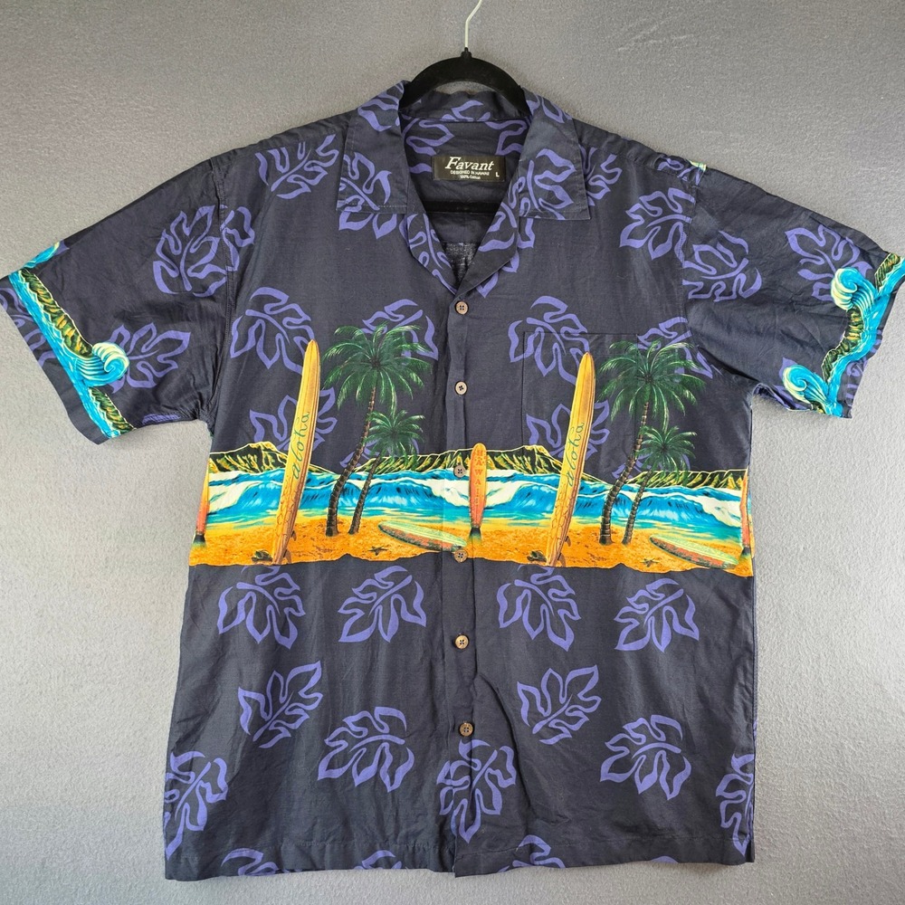 Favant Hawaiian Shirt Mens Large Navy Blue Surfboard Palm Tree Cotton Aloha